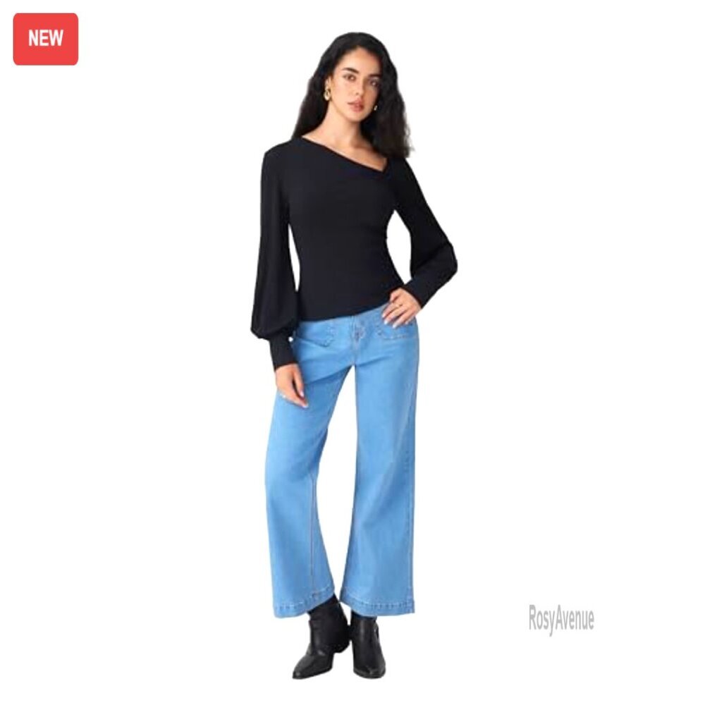 High Waisted Wide Leg Cropped Jeans Stretchy Denim Flared Pants with Pockets - Picture 4 of 6